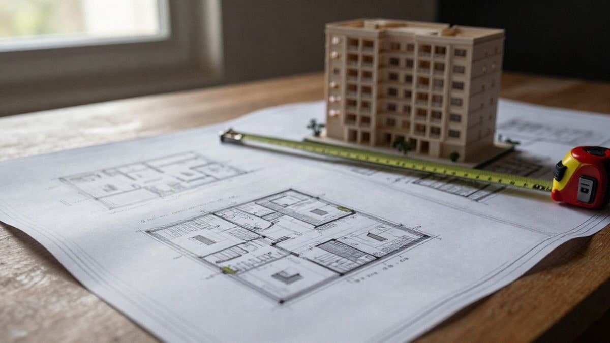 Illustrative image: architectural plans on a wooden table with a residential building model.