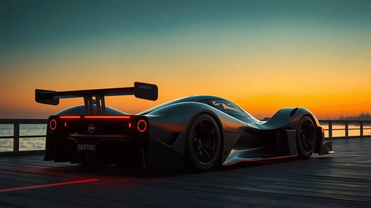Electric single-seater at Muelle Uno at sunset, with an audience in the background