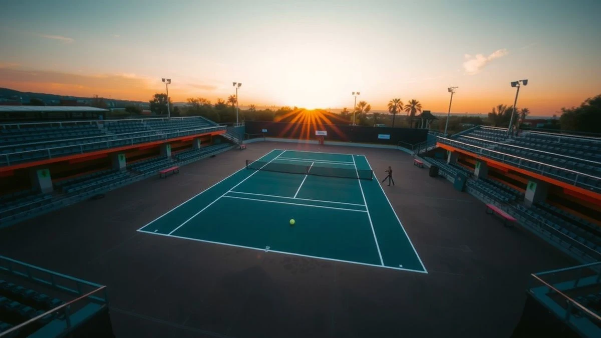 Imagen ilustrativa: vista cenital de una pista de pádel vacía al atardecer, con una pelota en el centro.