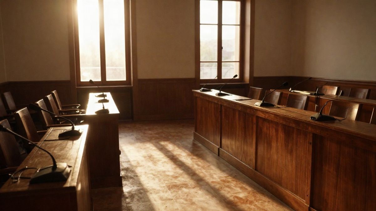 Imagen ilustrativa: sala de plenos vacía con luz de atardecer entrando por los ventanales