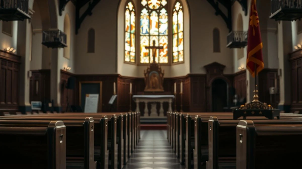 Interior de una iglesia vacía con banco de madera y un crucifijo al fondo, luz tenue de vidrieras