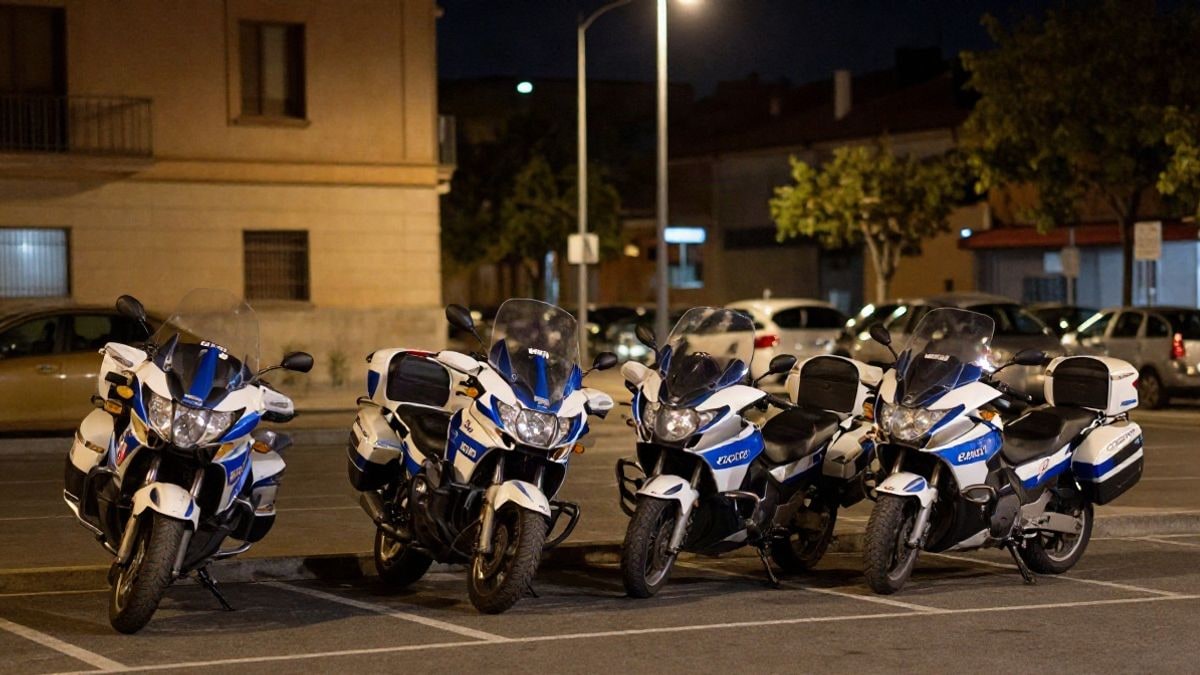 Illustrative image: patrol motorcycles parked in an urban area at night under streetlights