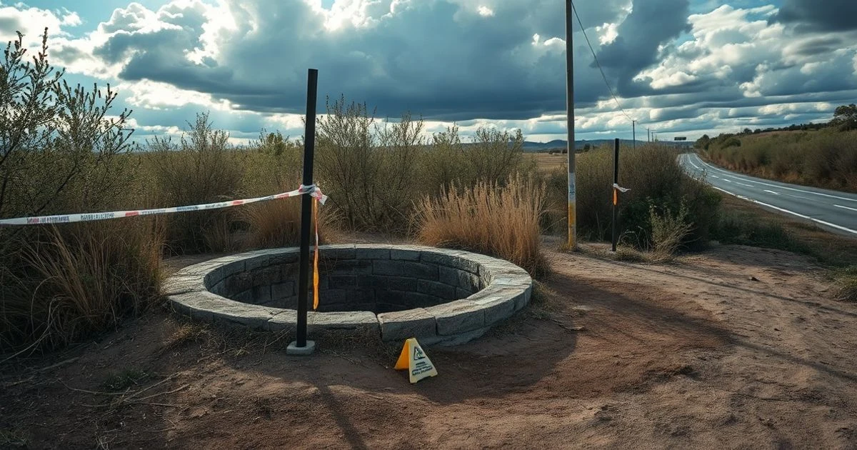 Dry well in a rural area near a motorway, with police tape and evidence markers on the ground, under a cloudy sky