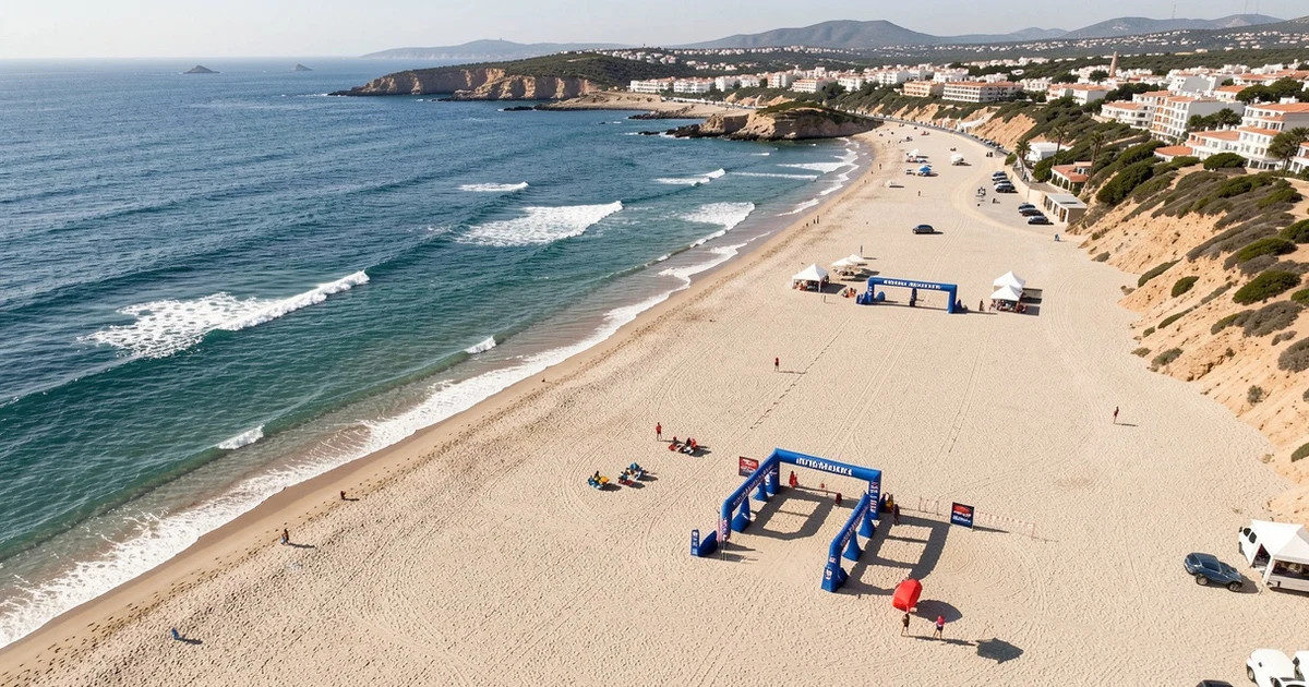 Aerial view of Marbella's coast with an empty triathlon transition area