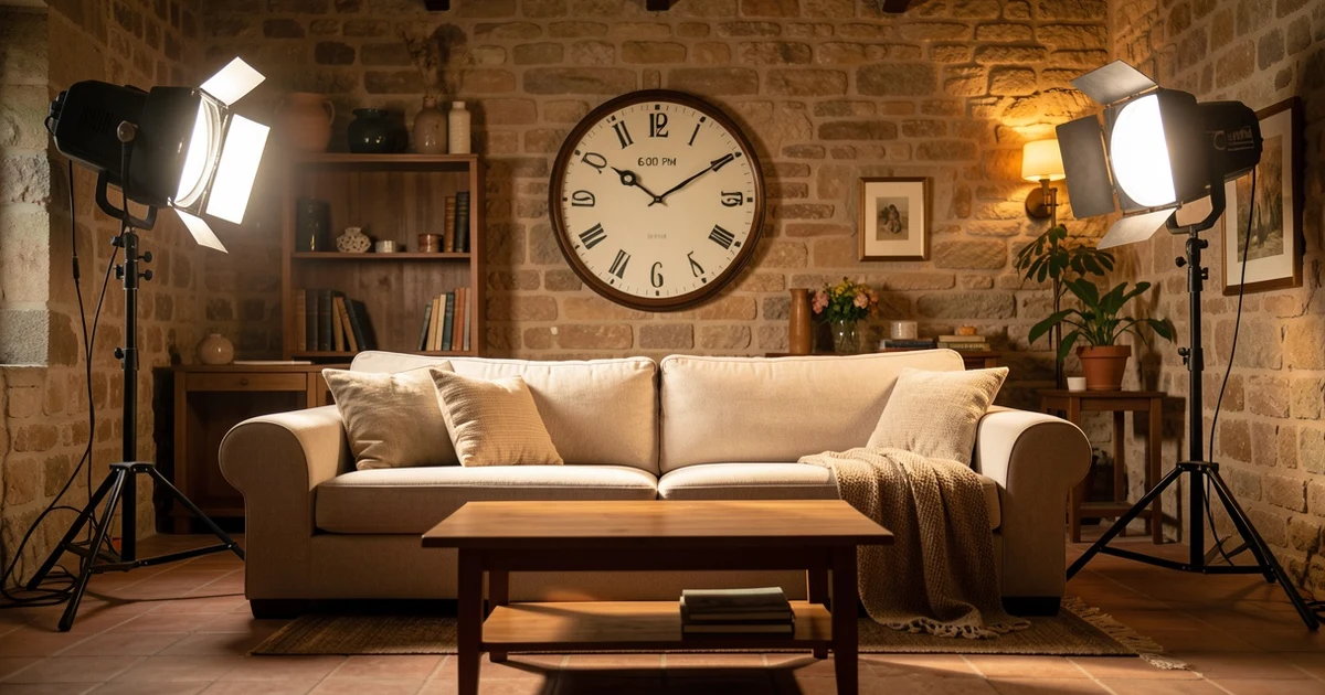 Plató de televisión vacío con sofá, mesa y luces, preparado para un programa vespertino