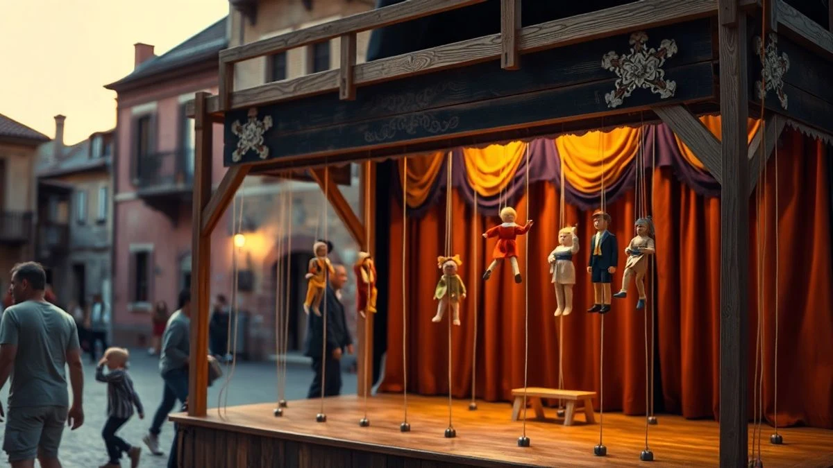 Imagen ilustrativa: un teatrillo de títeres de madera en una plaza al atardecer, con marionetas colgando y luz cálida.