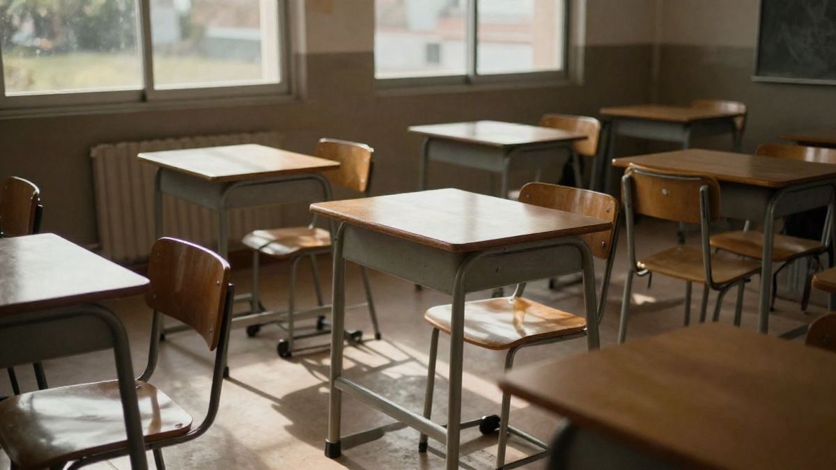 Imagen ilustrativa: aula escolar vacía con luz de atardecer y sombras largas