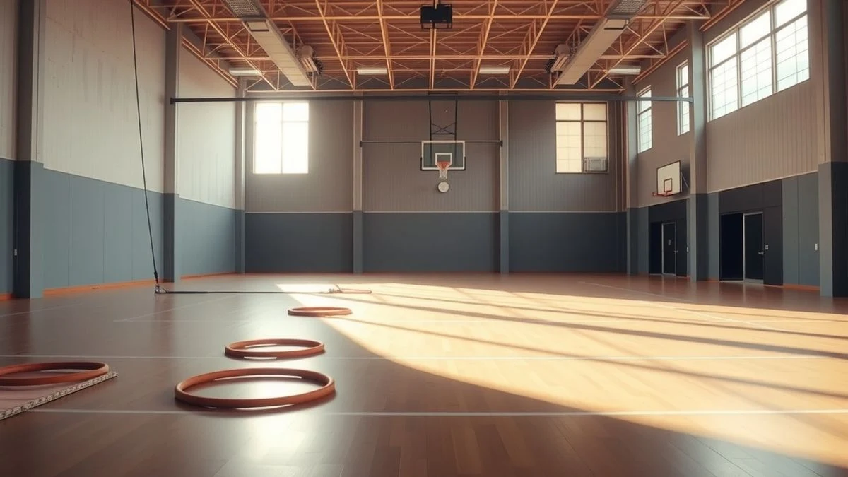 Imagen ilustrativa: interior de un pabellón deportivo moderno y vacío, con tapices y material de gimnasia rítmica dispuestos en el suelo, iluminado por luz natural.