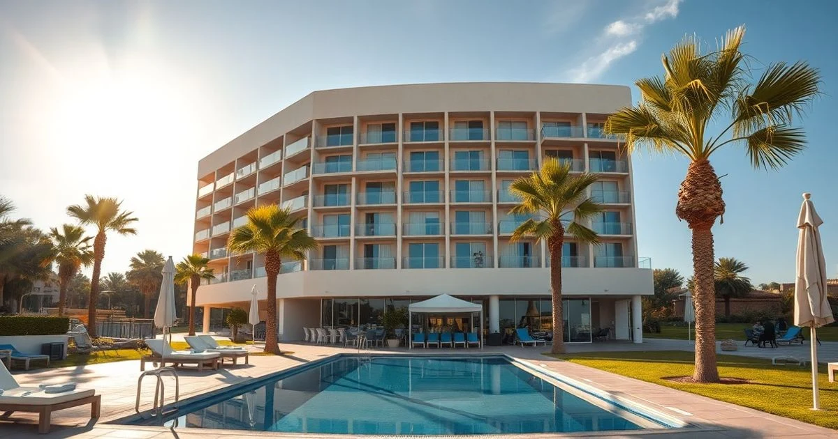 Fachada del nuevo hotel Leonardo en Torremolinos con piscina y palmeras