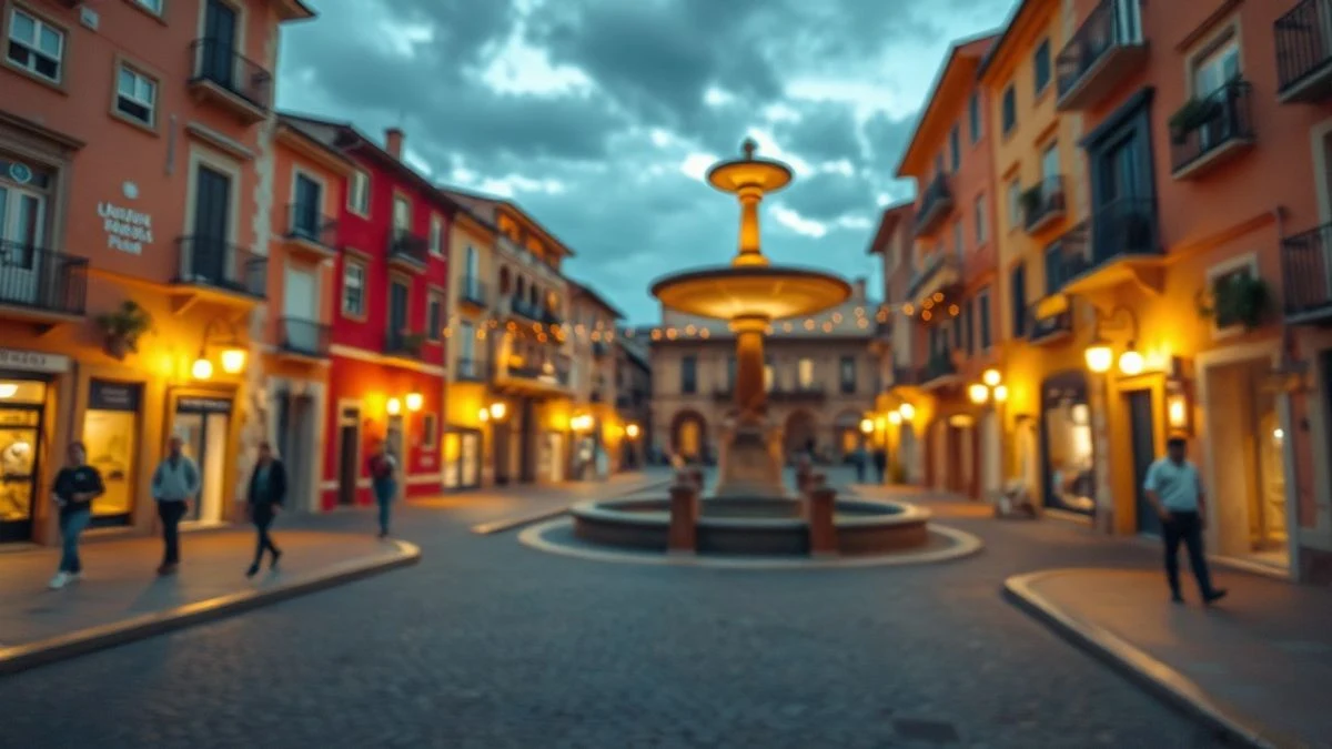 Imagen ilustrativa: una plaza histórica española engalanada con luces y guirnaldas al atardecer, con una fuente central y calles empedradas