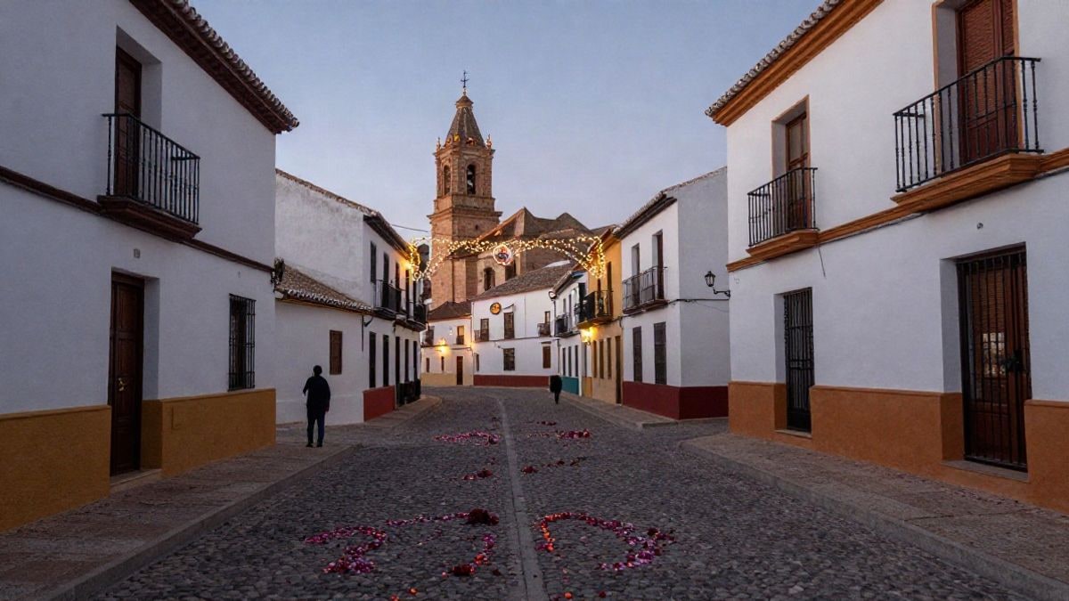 Imagen ilustrativa: calle de un pueblo andaluz engalanada con luces festivas al atardecer