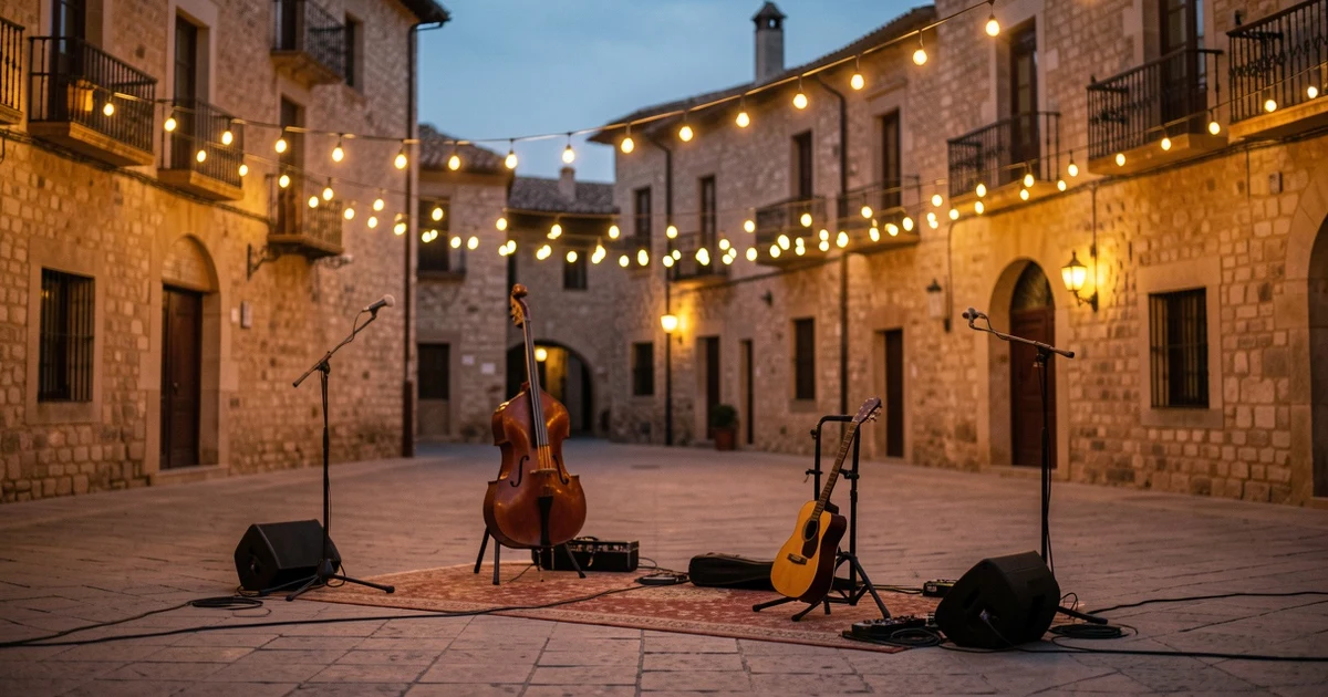 Escenario vacío al atardecer en una plaza de Antequera con instrumentos musicales y luces de colores
