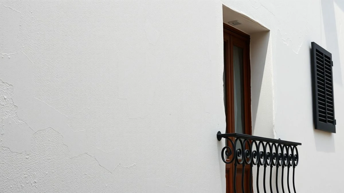 Detail of textured white wall with wrought iron railing and sea in the background at sunset