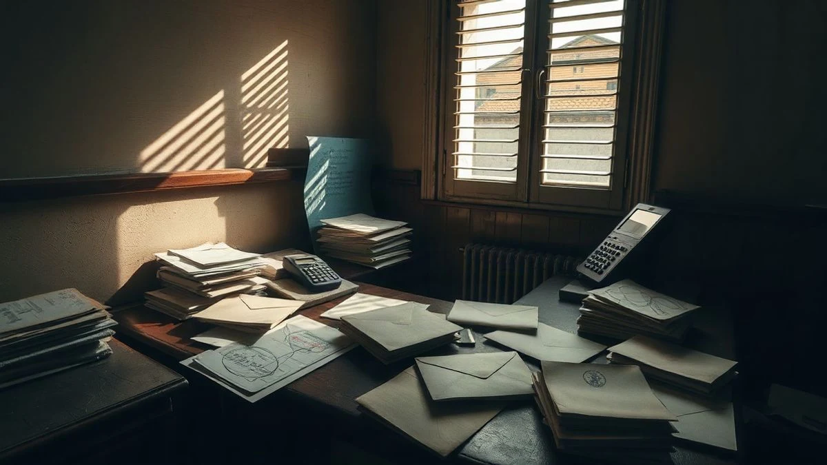 Imagen ilustrativa: un escritorio con cartas y sobres apilados, un teléfono y una calculadora, con luz natural tamizada