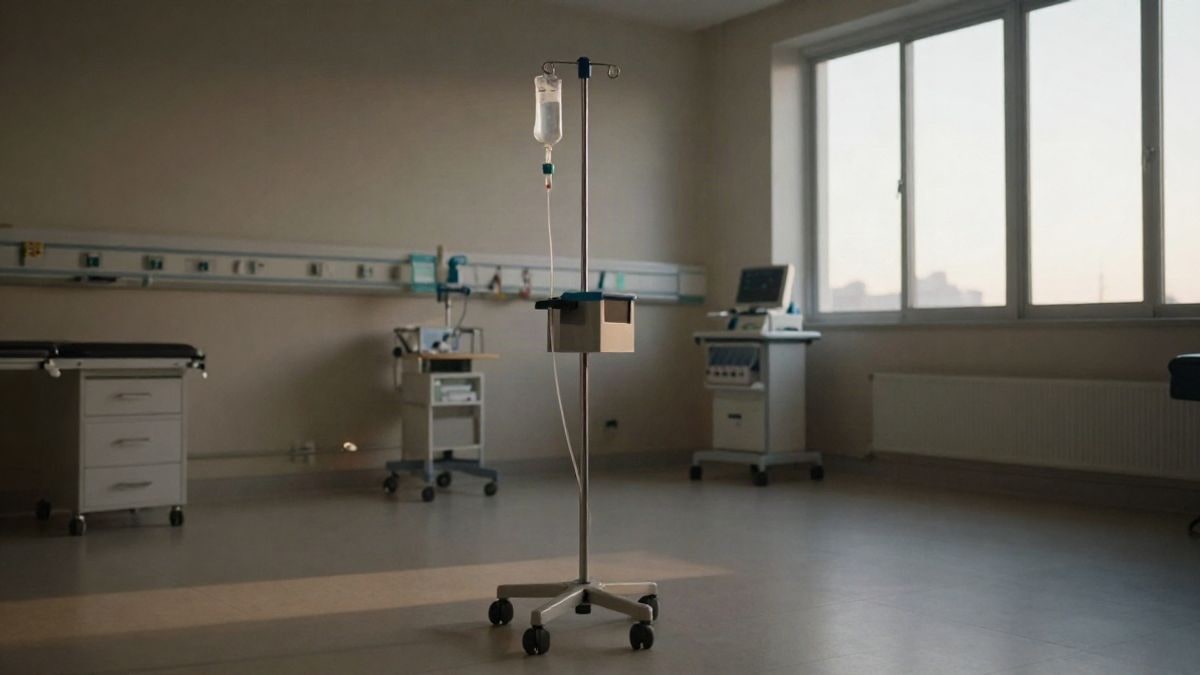 Illustrative image: an intravenous drip stand in an empty hospital treatment room