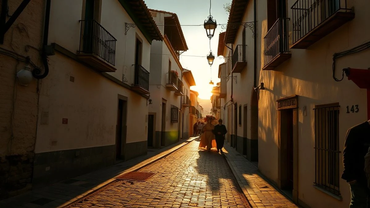 Illustrative image: narrow street of an Andalusian village at sunset, with long shadows and a distant blurred procession