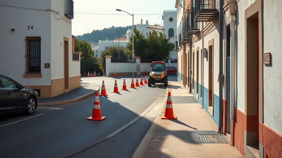 Imagen ilustrativa: calle estrecha en curva con conos de obra y una excavadora al fondo, típica de un pueblo andaluz.