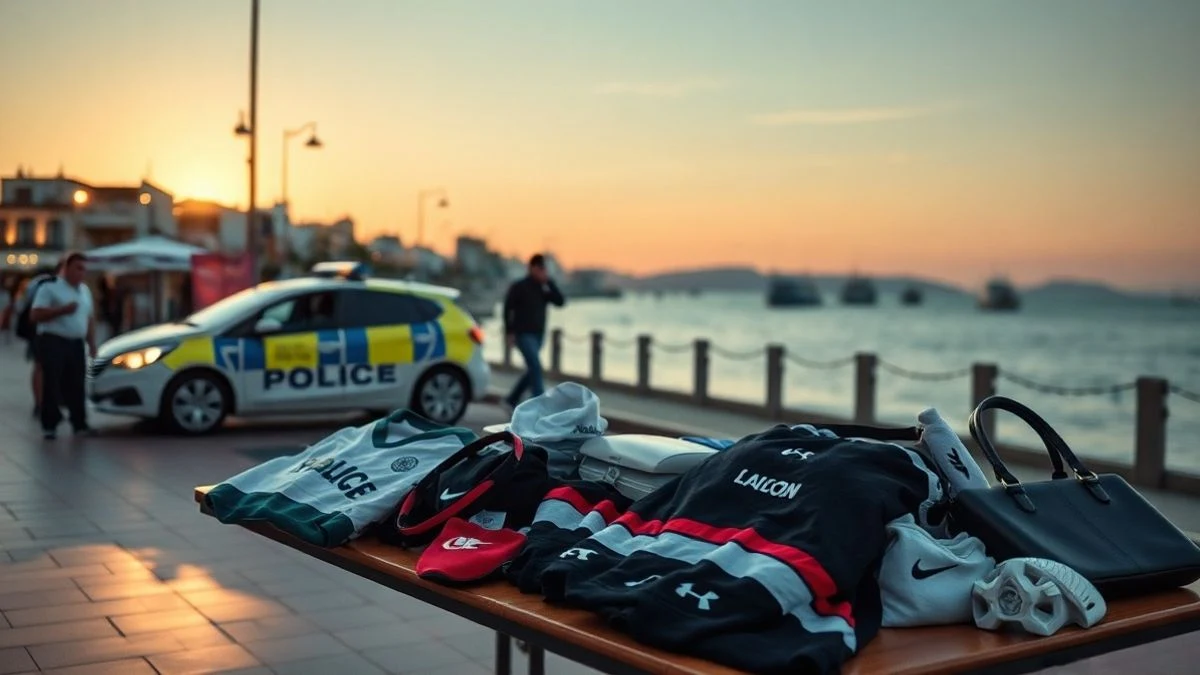 Illustrative image: a table with seized products in a police operation, with a patrol car in the background on a promenade at sunset.