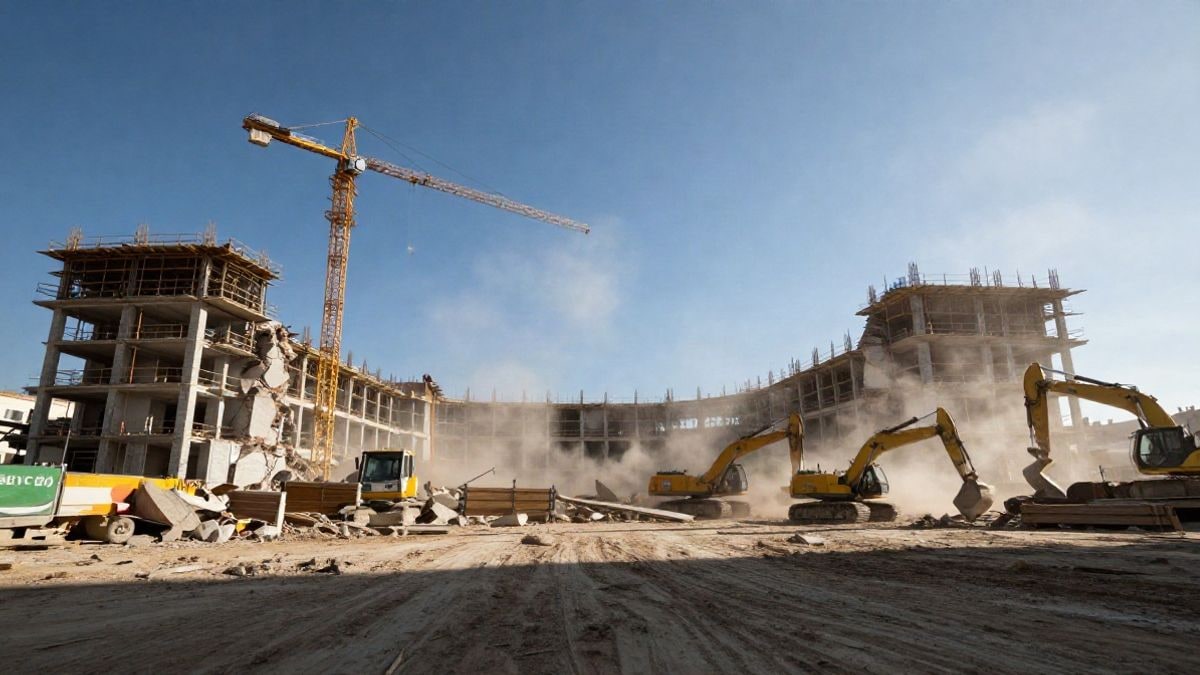 Imagen ilustrativa: obras de demolición de un antiguo complejo deportivo con grúas y excavadoras bajo un cielo azul