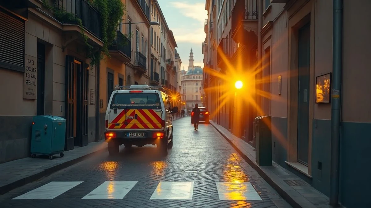 Camión de baldeo en una calle empedrada de Antequera al atardecer, con luz dorada y sombras largas