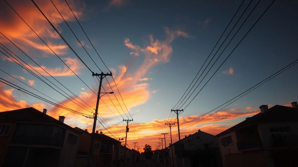Imagen ilustrativa: calle residencial de un barrio español con postes eléctricos y cables bajo un cielo de atardecer, sin personas ni edificios reconocibles.