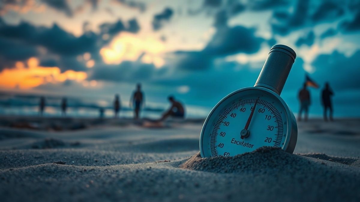 Illustrative image: beach thermometer in the sand with the sea in the background at sunset