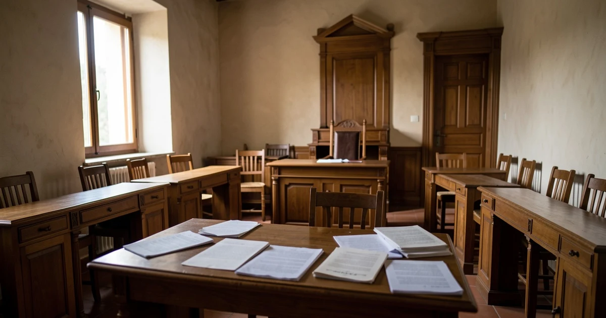 Salón de plenos vacío del Ayuntamiento de Alameda con documentos sobre la mesa
