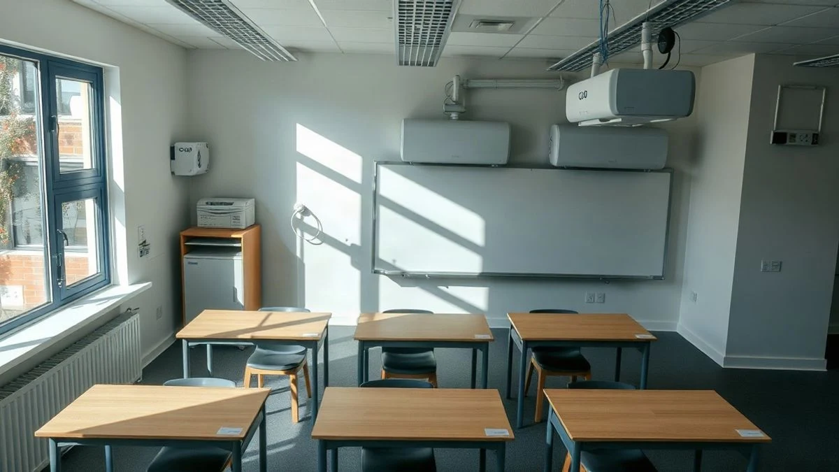 Imagen ilustrativa: vista cenital de un aula vacía con unidades de aire acondicionado en las paredes