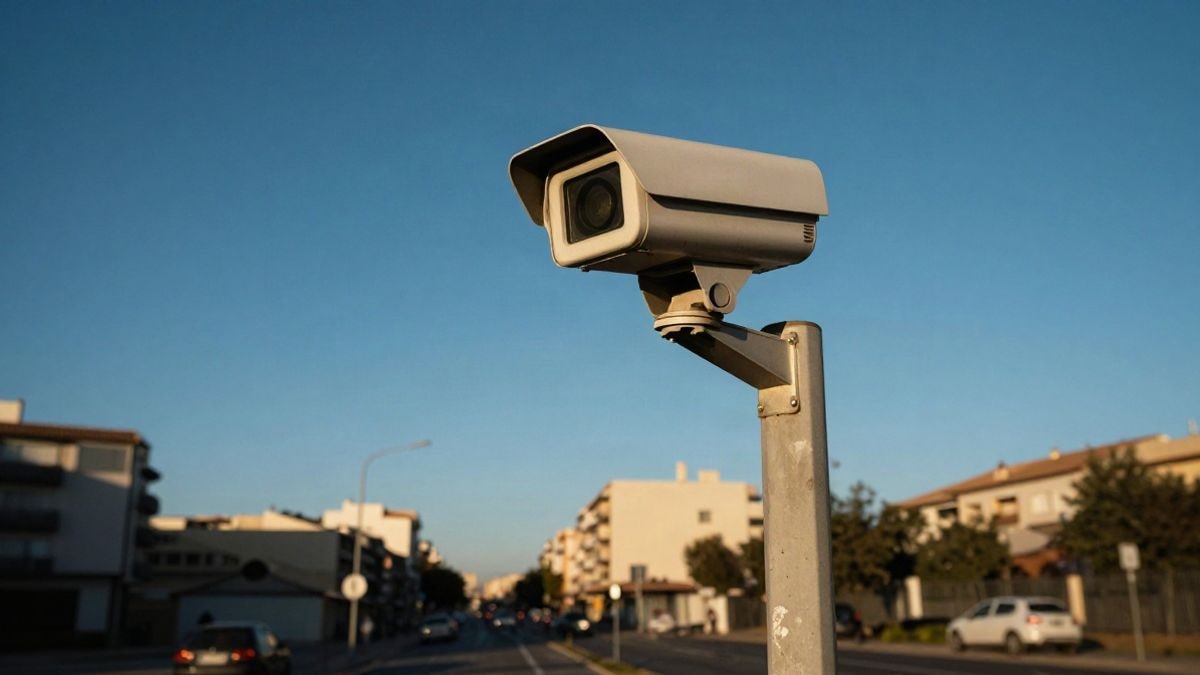Illustrative image: surveillance camera on a pole with clear sky in the background
