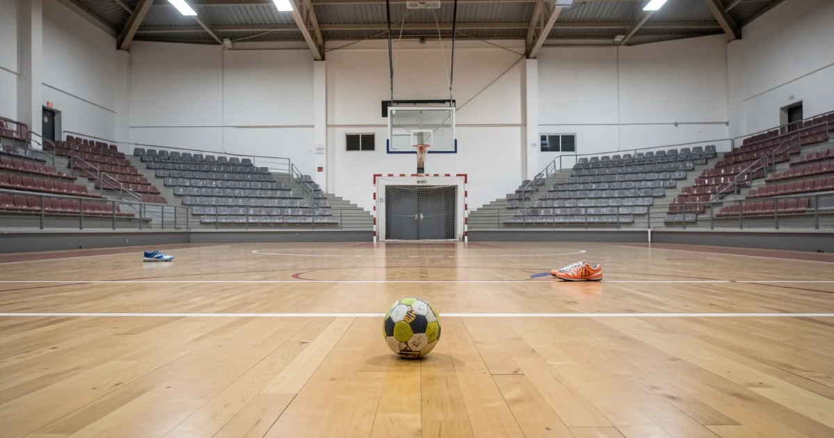 Pista de balonmano vacía con balón y zapatillas en el suelo