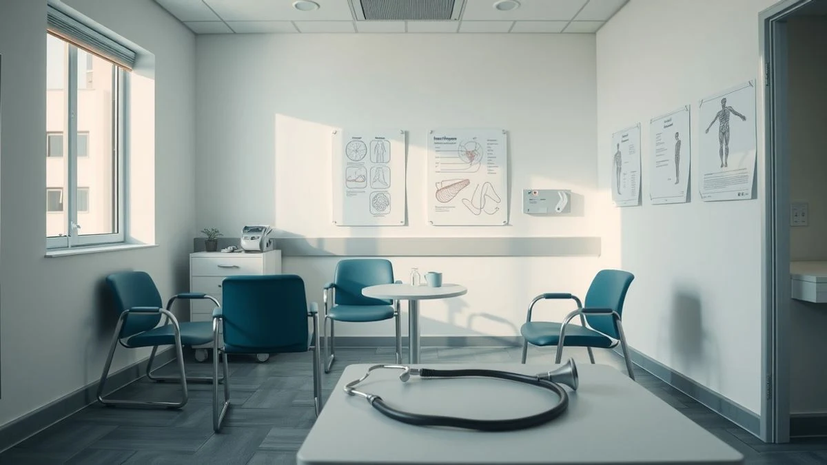 Empty medical consultation room with window light and chairs around a table in a hospital