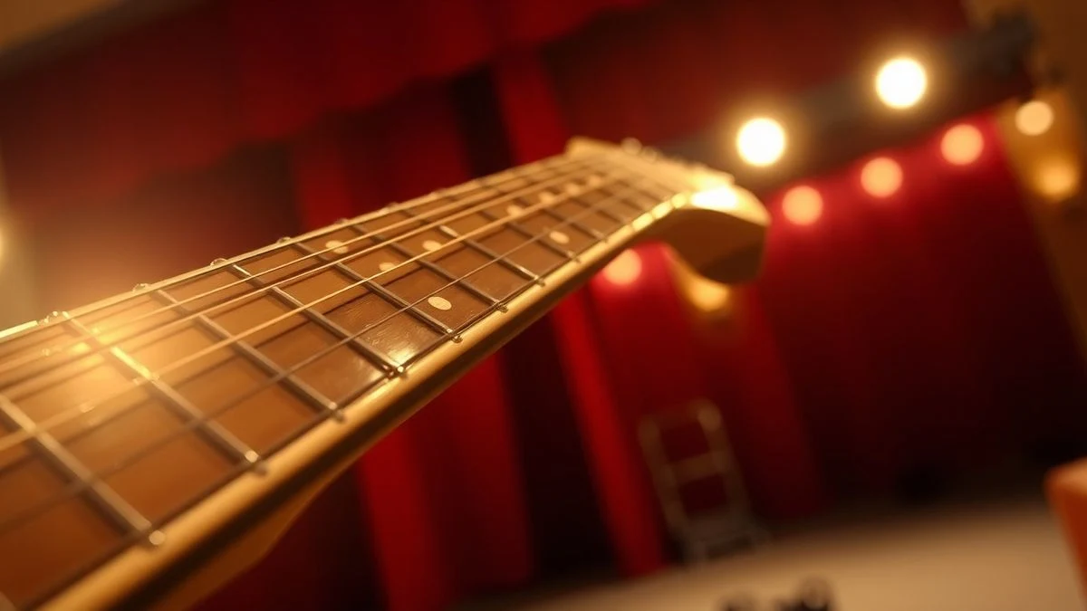 Imagen ilustrativa: detalle de la guitarra flamenca con cuerdas y fondo de telón rojo desenfocado