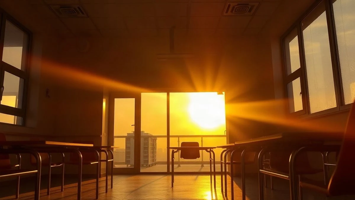 Illustrative image: empty classroom with sunset light coming through the windows and an air conditioning unit on the wall