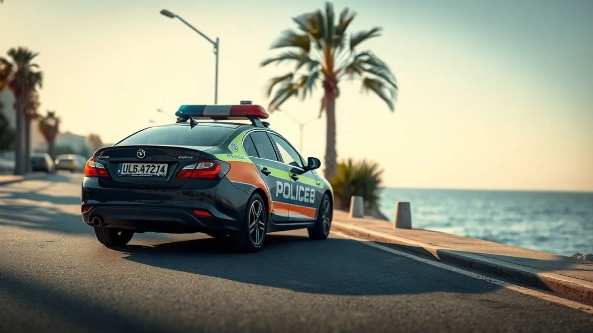 National Police car on the promenade of Marbella with the sea and palm trees in the background