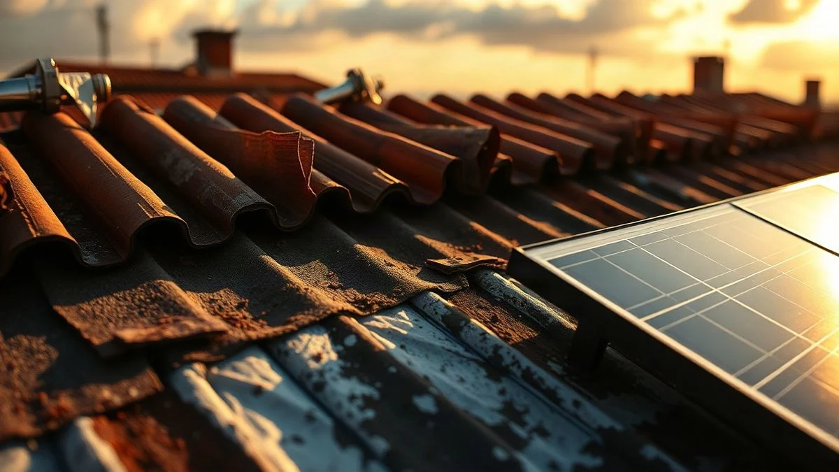 Illustrative image: detail of a roof with waterproof membrane and a solar panel at sunset