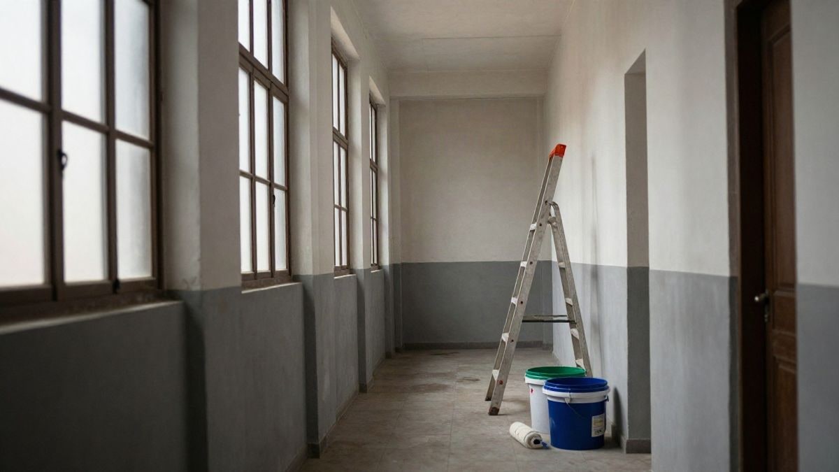 Imagen ilustrativa: interior de un edificio público con paredes recién pintadas y material de obra