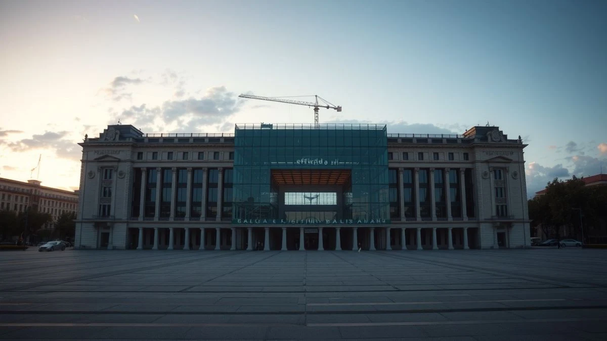 View of the Málaga Trade Fair Palace with a modern construction in the foreground at sunset