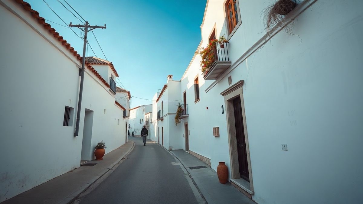 Imagen ilustrativa de una calle típica de un pueblo blanco andaluz con macetas y cielo azul, sin personas reconocibles.
