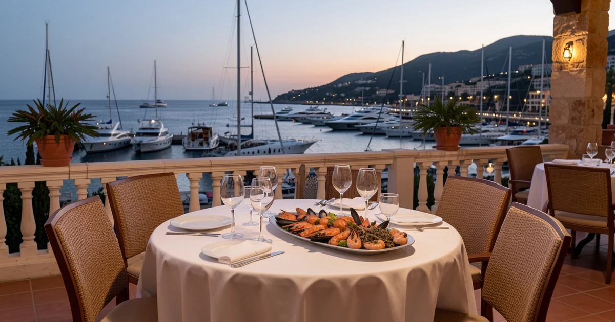 Restaurant terrace with view of marina at sunset in Marbella