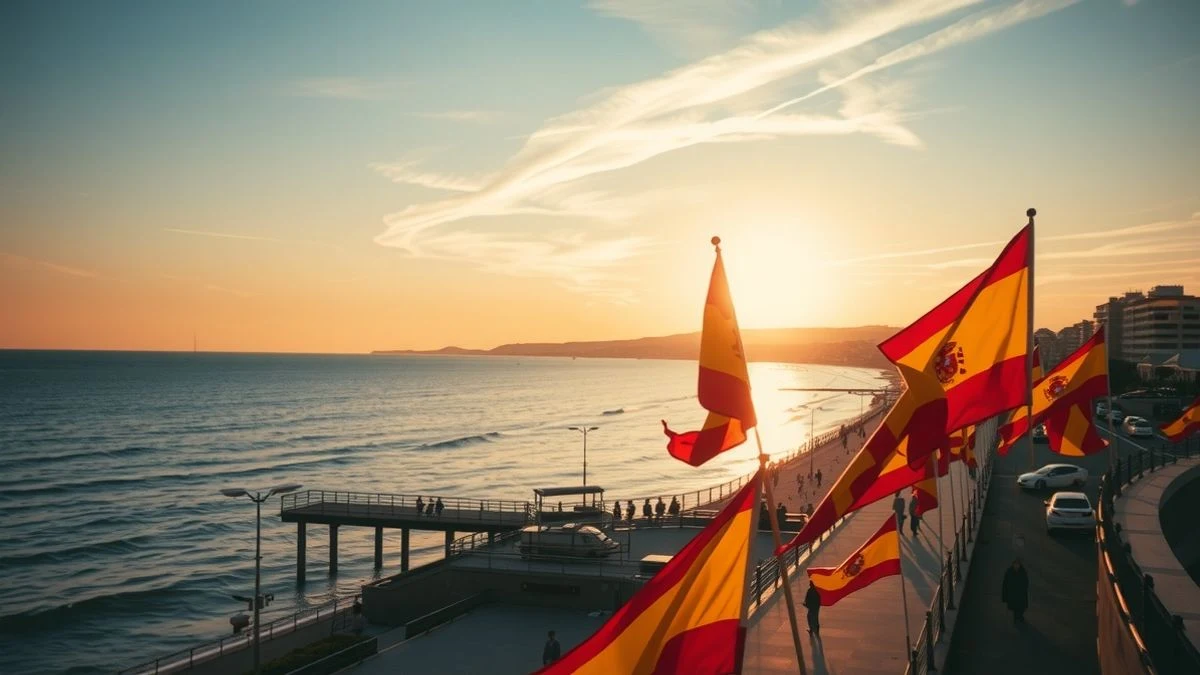 Imagen ilustrativa: vista aérea de un paseo marítimo al atardecer con una multitud caminando pacíficamente.