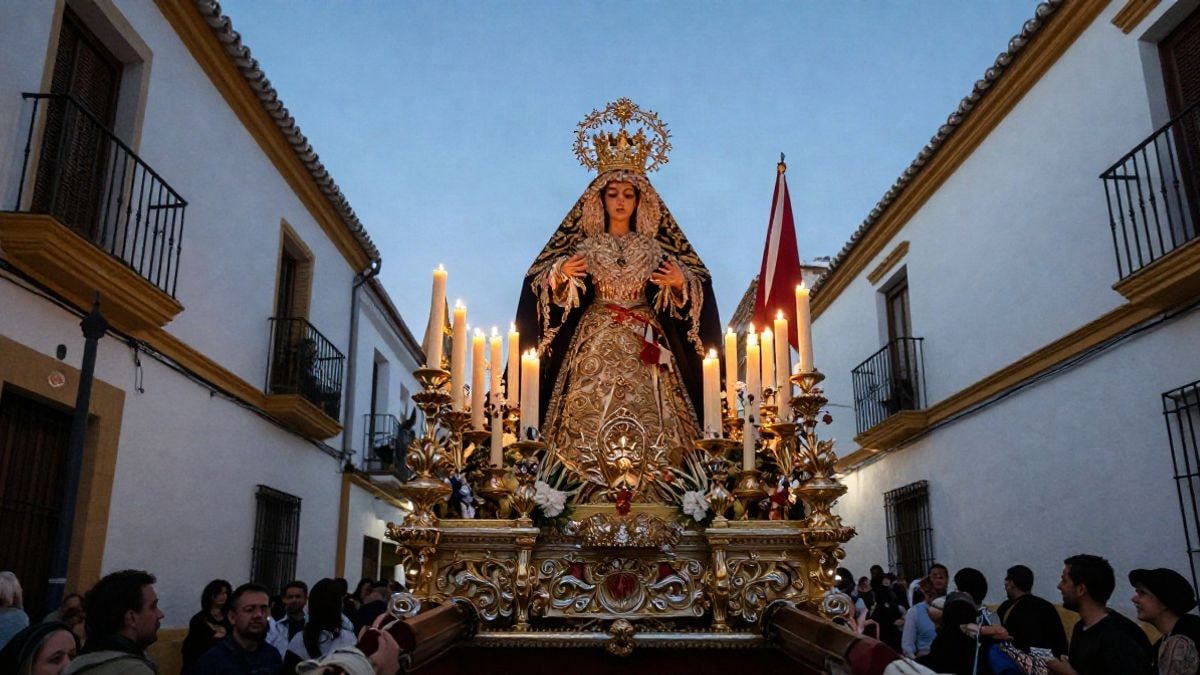 Illustrative image: low angle of a processional float with candles and flowers on a whitewashed Andalusian street at sunset