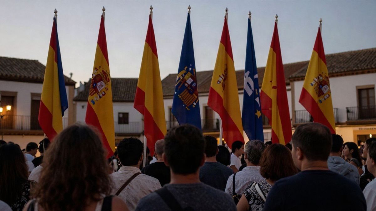 Imagen ilustrativa: multitud de espaldas con banderas de España y de Ceuta en una plaza al atardecer