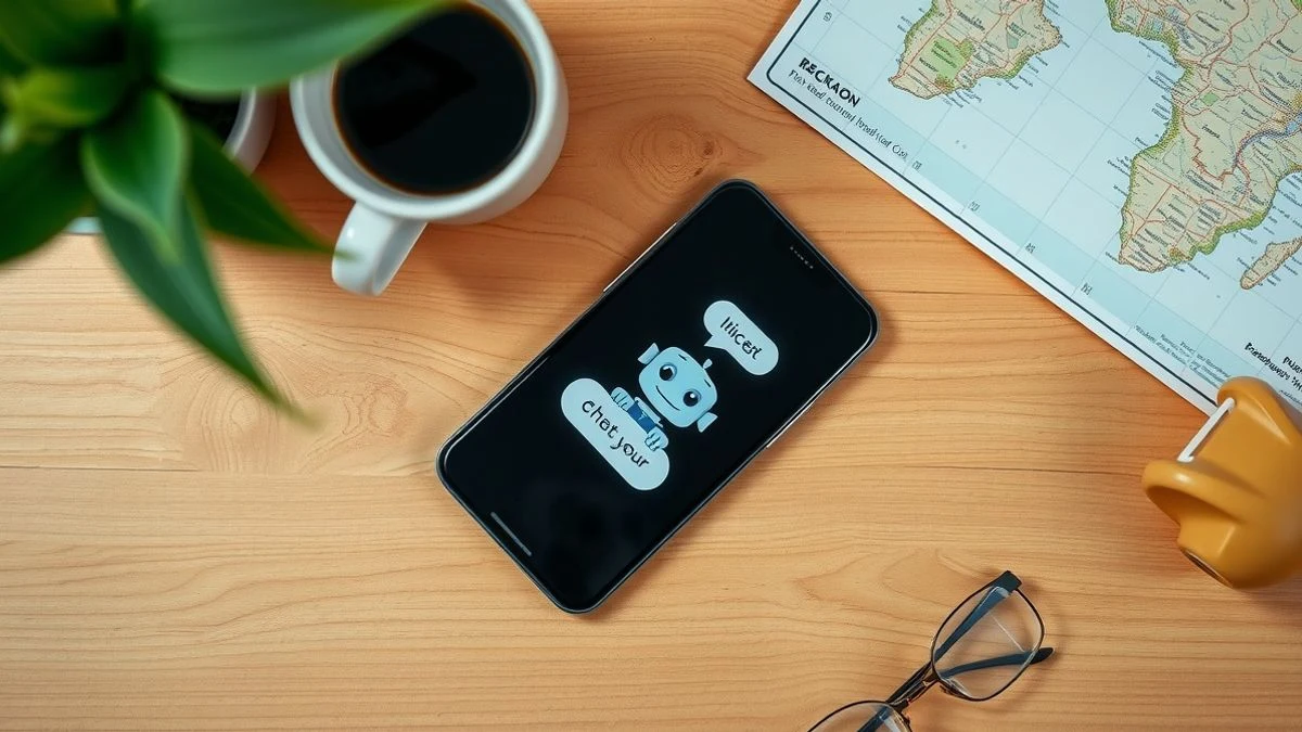Vista cenital de un móvil sobre una mesa de madera con un asistente virtual en pantalla y un mapa turístico de Antequera al lado