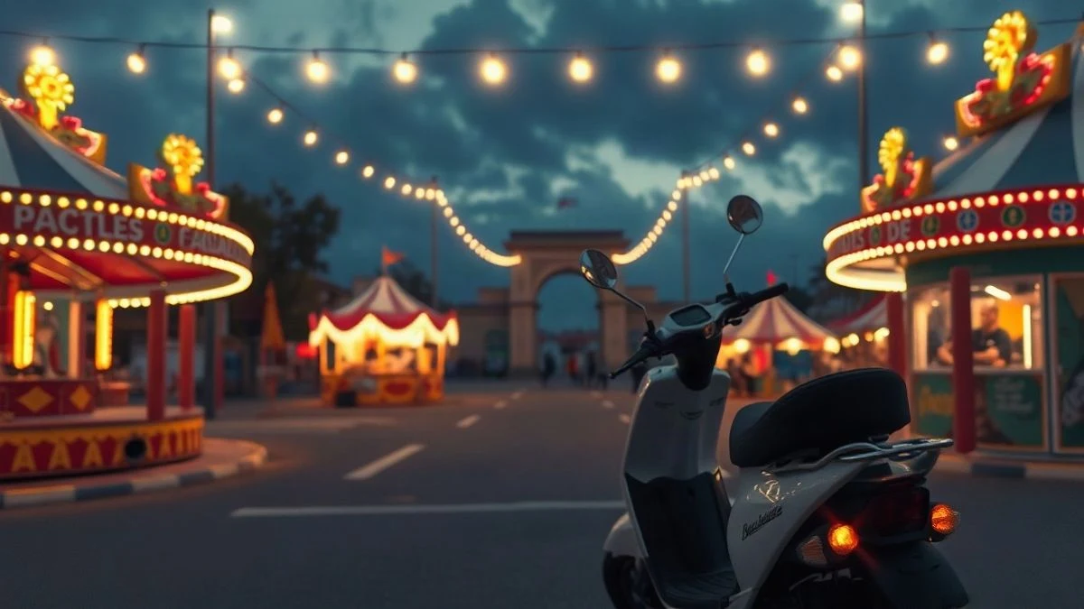 Imagen ilustrativa: vista de un recinto ferial vacío al atardecer con un scooter eléctrico en primer plano y luces de colores al fondo