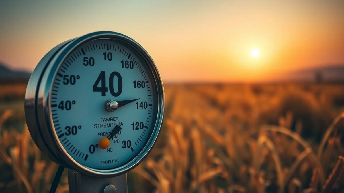 Termómetro marcando 40 grados en un paisaje rural seco con sol al fondo