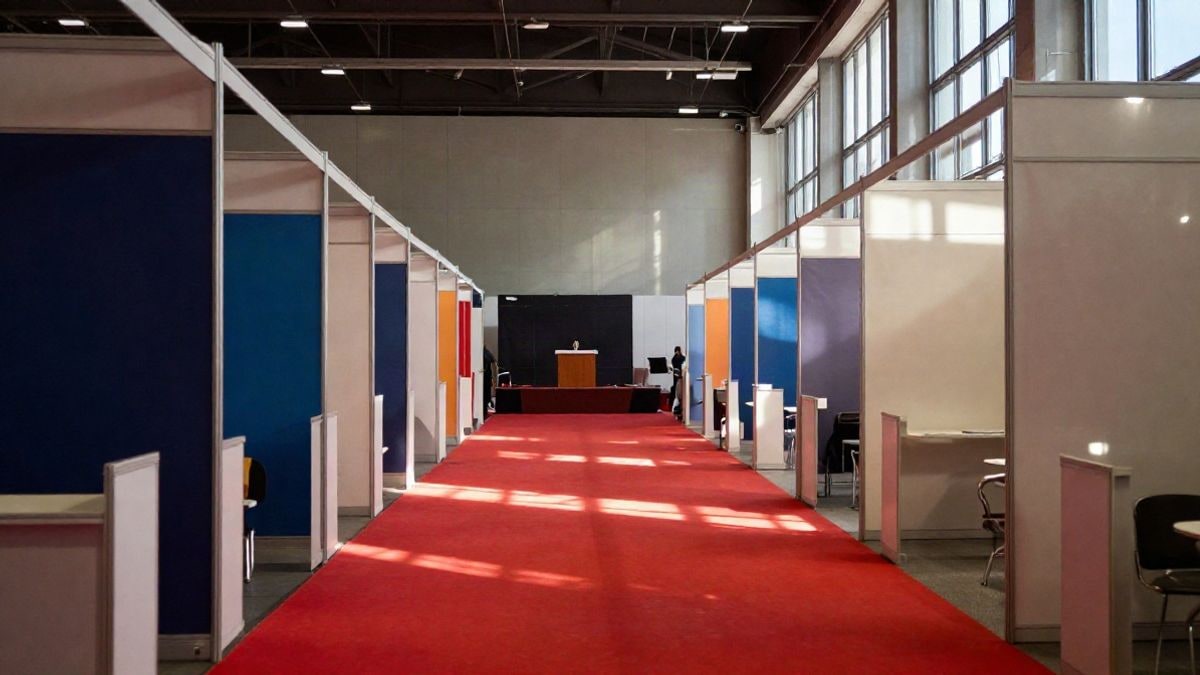 Imagen ilustrativa: interior de un pabellón ferial durante el montaje de stands, con luz lateral