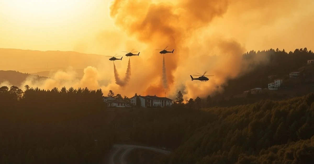 Aerial view of a forest fire in a pine area near homes, with helicopters dropping water