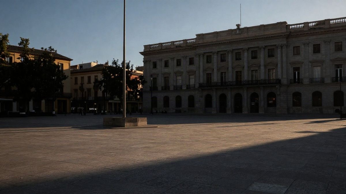 Illustrative image: empty municipal square at sunset with an institutional building in the background