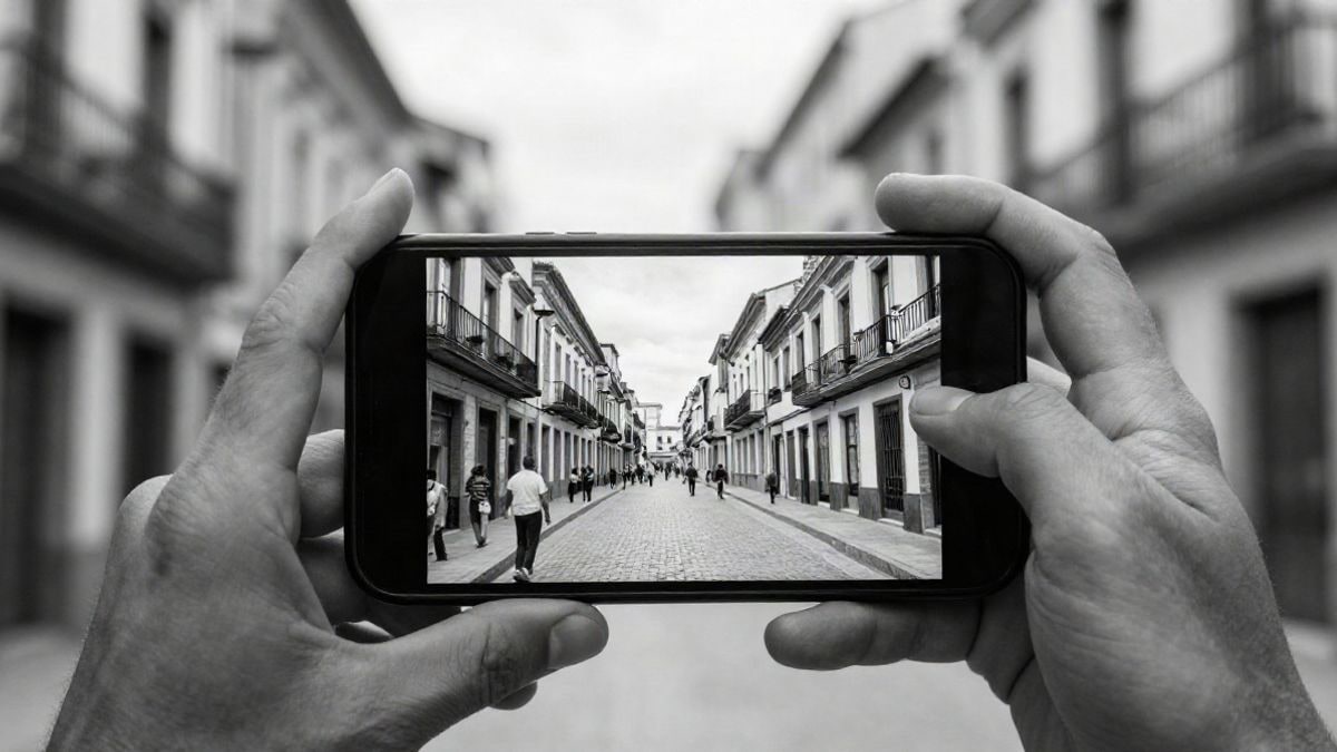 Illustrative image: an old black and white photograph of a Spanish street with carts and pedestrians, viewed on a mobile phone screen.