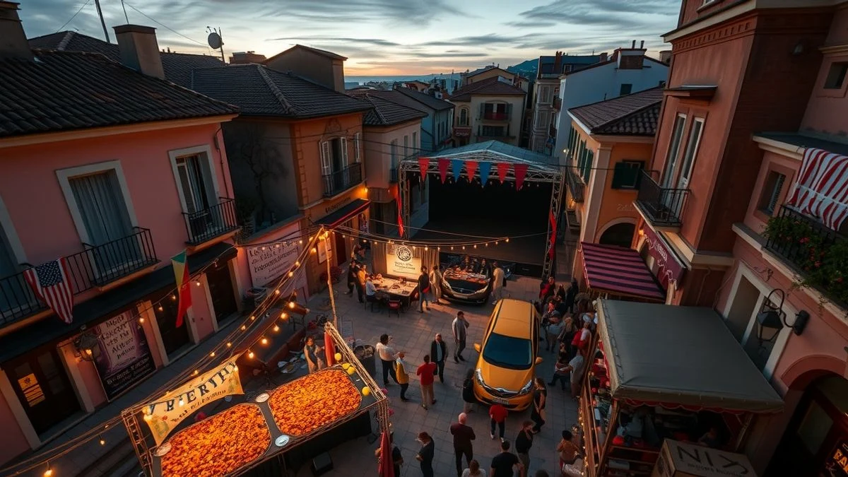 Imagen ilustrativa: vista aérea de una calle decorada con banderines y luces, con un escenario y personas bailando durante una verbena.